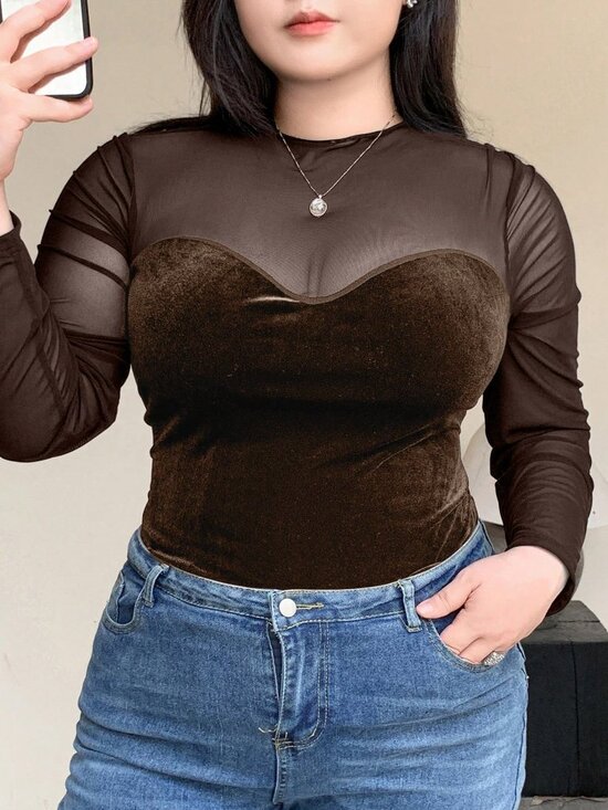 Tops - Brown Casual Women's Contrast Mesh Sheer Mock Neck Crop Tee